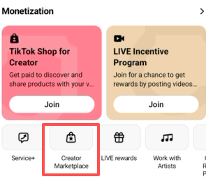 TikTok Monetization screen with Creator Marketplace highlighted.